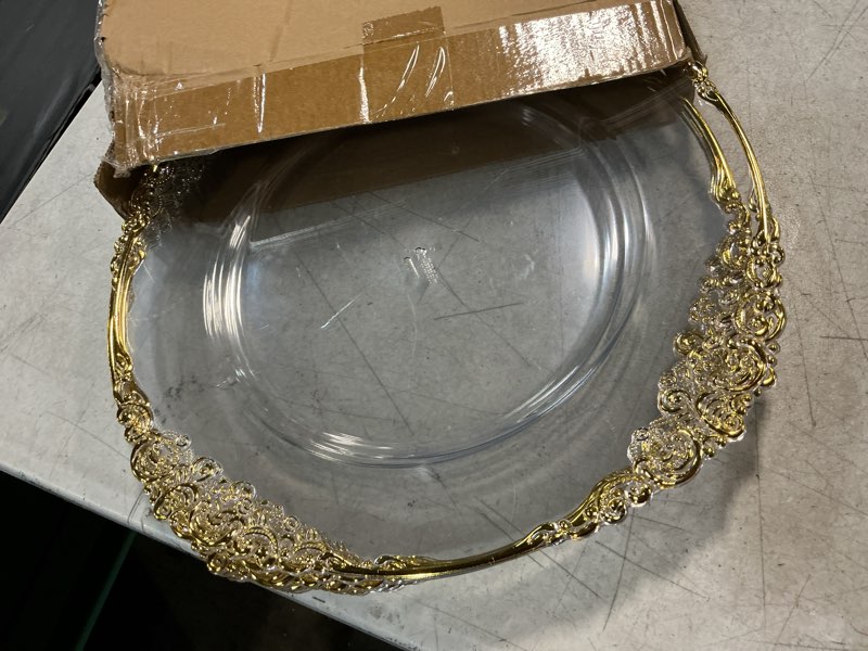 Condition photo showing As Is for ejonirinjonir 6pcs clear and gold charger plates,13inch elegant plastic gold chargers with floral trim,table decoration,charger serving plates for wedding,afternoon tea,spring,mother's/valentine's day