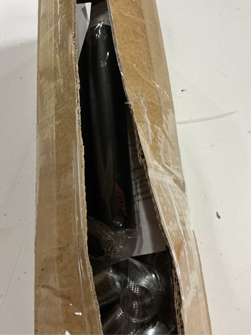 Condition photo showing New/Like New for black shower curtain rods, 43-72 inches, rust resistance, adjustable tension rod with durable spring, no drilling, use for bathroom, bedroom, kitchen, balcony, home