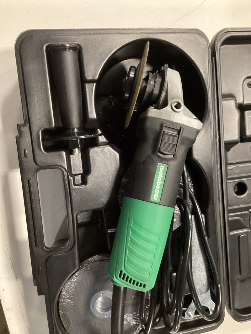 Condition photo showing As Is for metabo hpt 4.5-in 6.2 amps sliding switch corded angle grinder 