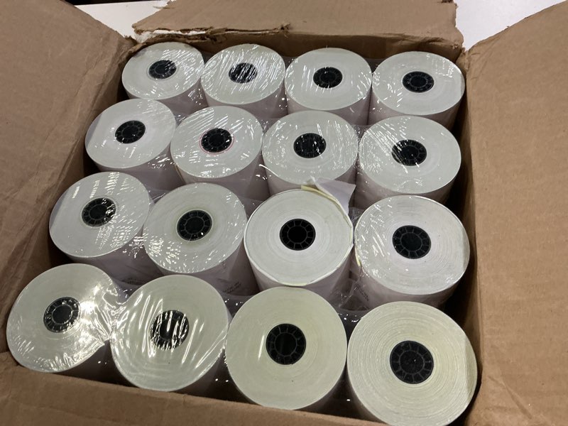 Condition photo showing New/Like New for (32 rolls) 2 ply carbonless rolls 3" x 95 feet white/yellow receipt paper pos cash register two ply white/canary for star micronics sp700 sp2000 up389 omni 480 tmu 220 250 require ribbons erc30/34/38