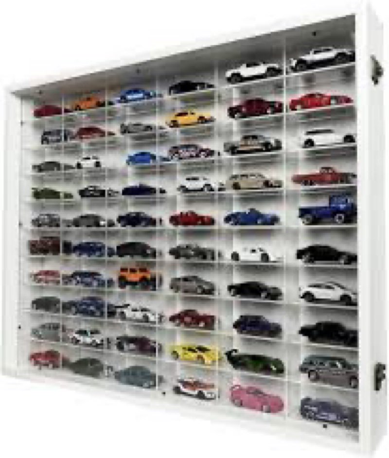 (Similar to the image)SpaceApe Wall Mount Display Case for Hot Wheels, with Dust Resistant Door, Acrylic Shelves, 1/64 Scale Diecast Model Cars Display Storage Organizer Case, White and Black, Stores up to 60 Cars (White)