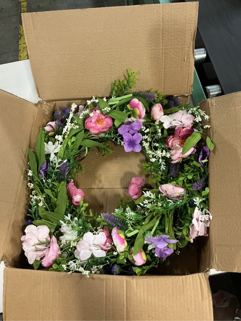 Condition photo showing Good Condition for Large Spring Wreaths for Front Door 22 Inch Summer Door Wreaths Artificial Flowers Wreath for All Seasons Indoor Outdoor, Floral Peony Hydrangea Lavender Daisy Wreath Greenery Leaves for Wall Window