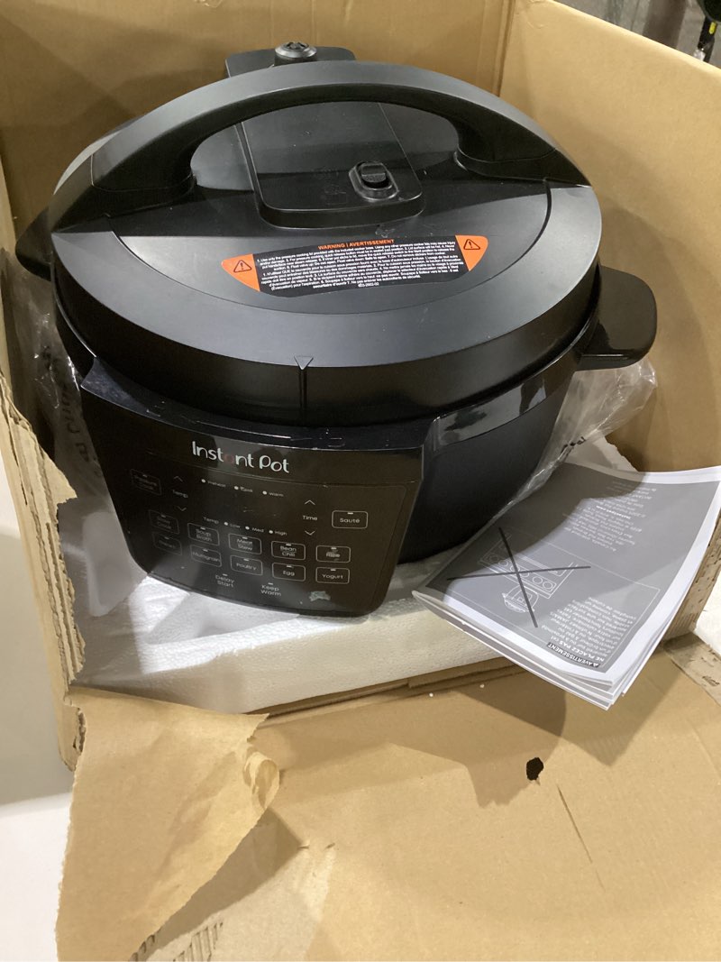 Condition photo showing As Is for instant pot 7.5qt rio wide, 7-in-1 electric multi-cooker, pressure cooker, slow cook, rice, steamer, sauté, yogurt & warmer, wide base, large searing base, whisperquiet steam release black 7.5 quarts, not tested