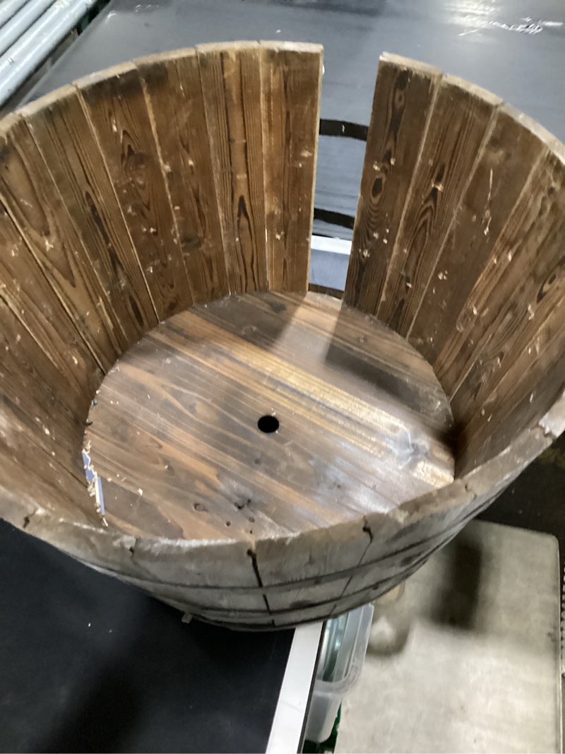 Condition photo showing As Is for 26 in wood whiskey barrel planter, large rustic flower pot for indoor outdoor plants, heavy duty wooden container for patio, garden, or front porch