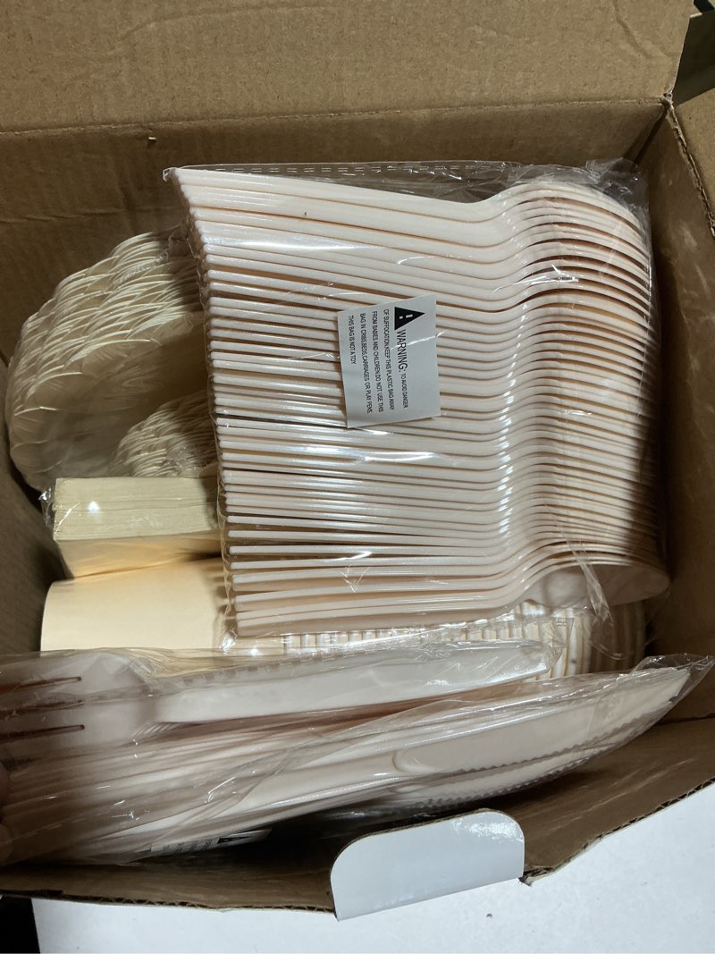 Condition photo showing Good Condition for liyh 350 pcs ivory paper plates and napkins 50 guest cream party supplies include ivory scalloped disposable paper plates cocktail napkins cups spoons forks knives for baby shower,birthday
