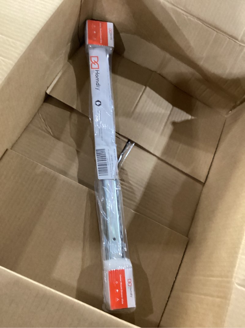 Condition photo showing As Is for homdiy 2 pcs bottom mount centered drawer slides for cabinet and dresser 20 inch heavy duty center mount drawer rails 3/4 extension glide track