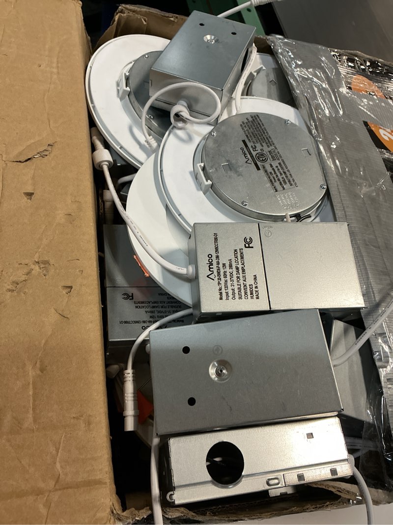 Condition photo showing As Is for amico 24 pack 6 inch 5cct ultra-thin led recessed light with junction box, 2700k/3000k/4000k/5000k/6000k selectable, 1000lm brightness, dimmable canless wafer downlight, 12w eqv 110w-etl&fcc 6 inch-24 pack