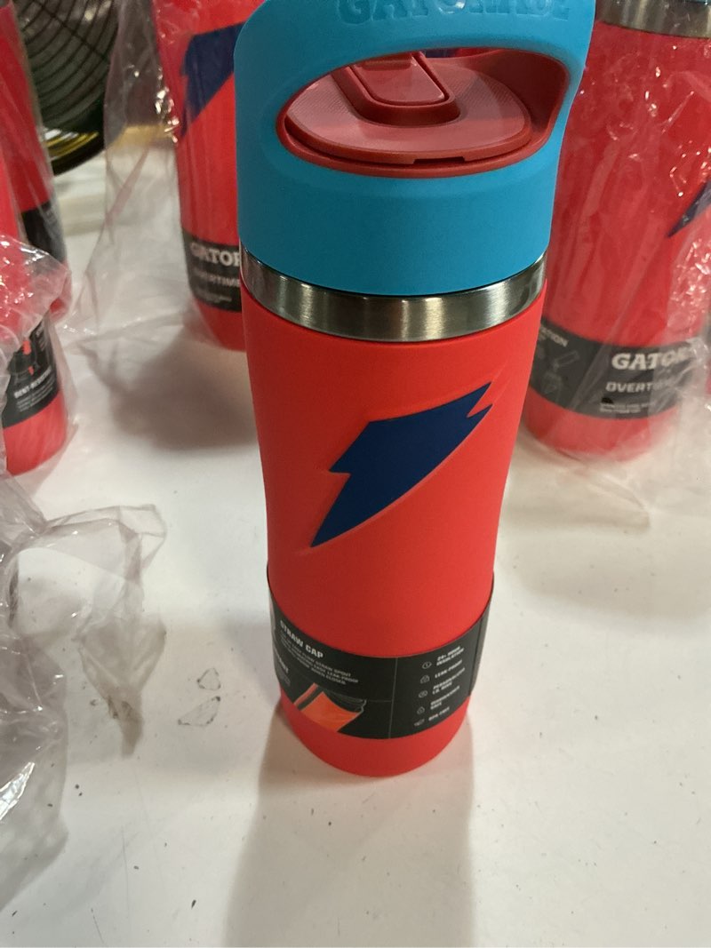 Condition photo showing New/Like New for gatorade 'overtime' 22oz stainless steel water bottle, straw cap, red/blue straw cap 22 ounces red/blue