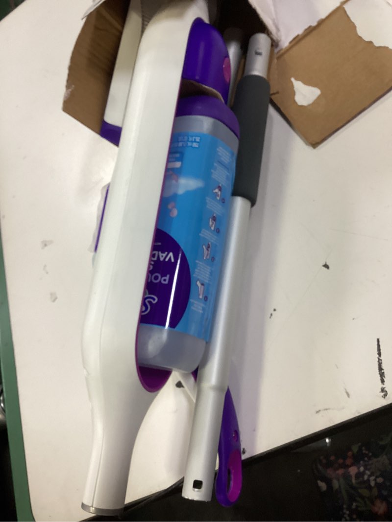 Condition photo showing Good Condition for swiffer powermop multi-surface mop kit for floor cleaning, includes powermop, 2 mopping pad refills, 1 cleaning solution with fresh scent and 2 batteries purple and white