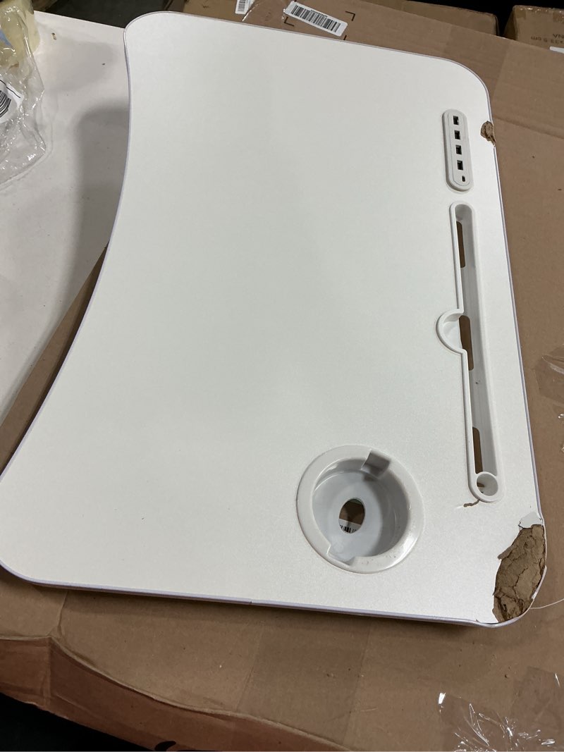 Condition photo showing As Is for fayquaze laptop bed desk, portable foldable lap bed table with usb charge port storage drawer and cup holder,lap desk laptop stand tray table serving tray for eating, reading and working white
