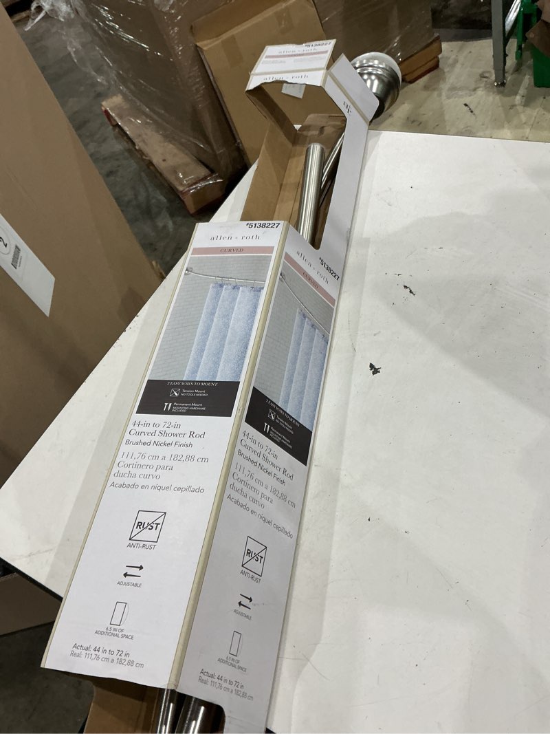 Condition photo showing As Is for allen + roth 44-in to 72-in brushed nickel fixed or tension single curve adjustable shower curtain rod