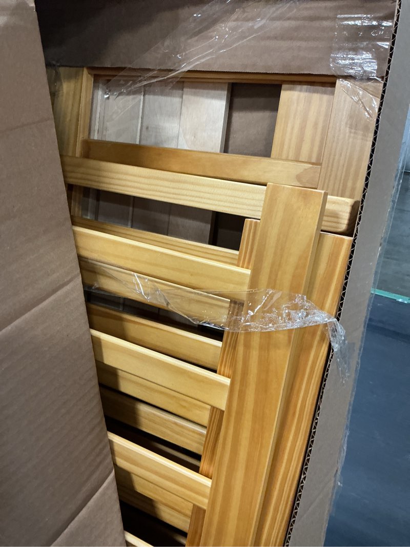 Condition photo showing As Is for Queen Size Floor Bed with Fence and Door,Rubber Wood Floor Bed w/Safety Guardrails/Near The Ground,Easy to Assemble & No Box Spring Needed, Natural