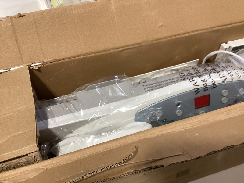 Condition photo showing Good Condition for bionaire window fan with reversible airflow blades – 3-speed settings, programmable thermostat, led display, remote control, fits 24–36" windows, no assembly required white 2 blades electronic control with lcd screen window fan