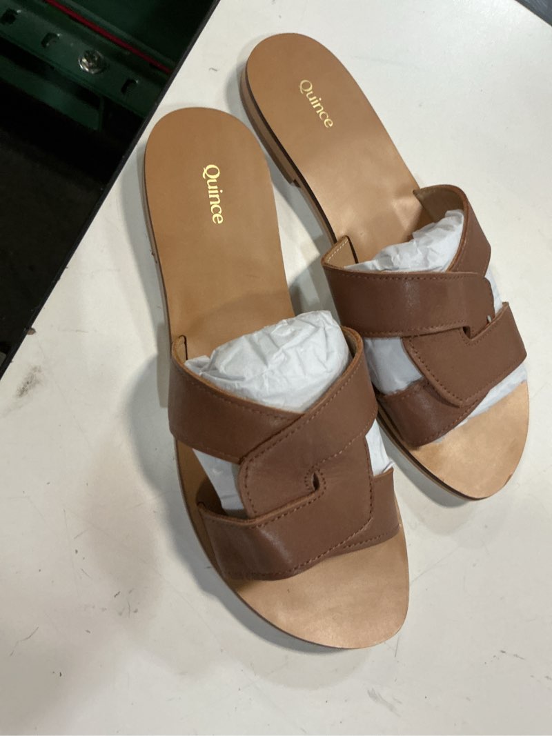 Condition photo showing Good Condition for italian leather cutout slide sandal size 7.5 cognac 