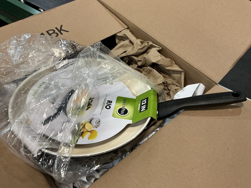 Condition photo showing As Is for GreenPan Rio Healthy Ceramic Nonstick 12" Frying Pan Skillet, PFAS-Free, Dishwasher Safe, Black 12" Frying Pan Skillet Skillet Black