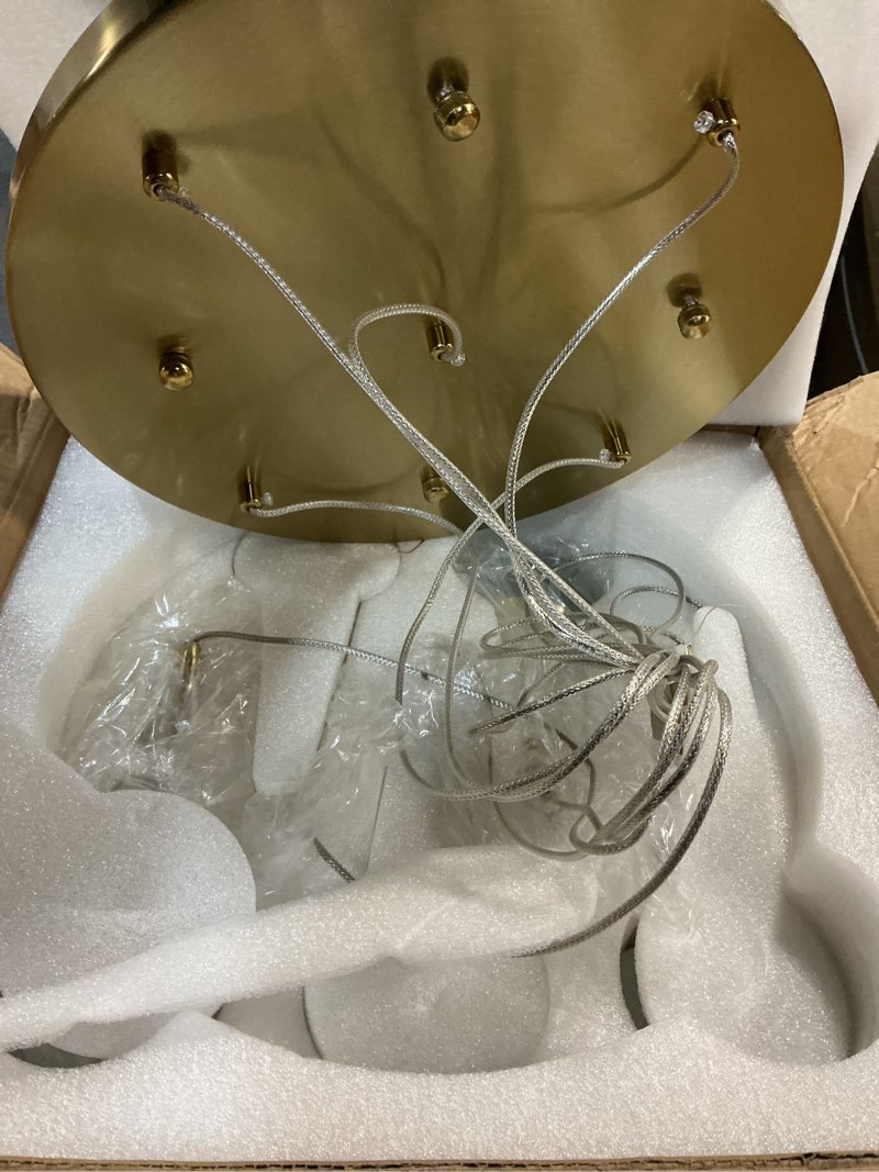 Condition photo showing Good Condition for 5 Lights Crystal Pendant Light, 25W Gold Dimmable LED Teardrop Cluster Pendant Lighting Fixture for Dining Room Kitchen Living Room Foyer Hallway Bedroom 3000k Warm White Gold-3000K-5 Light