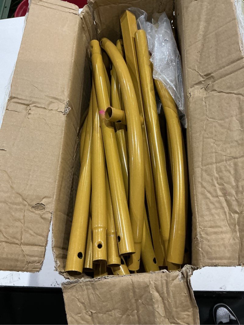 Condition photo showing As Is for metal arch backdrop stand, set of 3 (6/6.6/7.2 ft) wedding arched frame with 12 ground nails and storage bag, stable arched background stand for wedding, baby shower, birthday party, photography, gold gold 6,6.6,7.2 ft