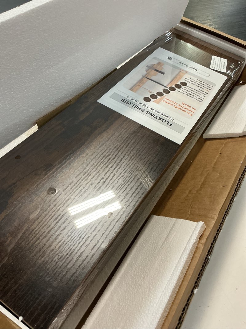 Condition photo showing Good Condition for bayka floating shelves set of 2, 22.5 inches farmhouse rustic wood wall mounted shelves for bathroom, bedroom, living room or kitchen, hanging shelf decor book with 22lbs capacity, rustic brown b. rustic brown - americana farmhouse style 22.5inches