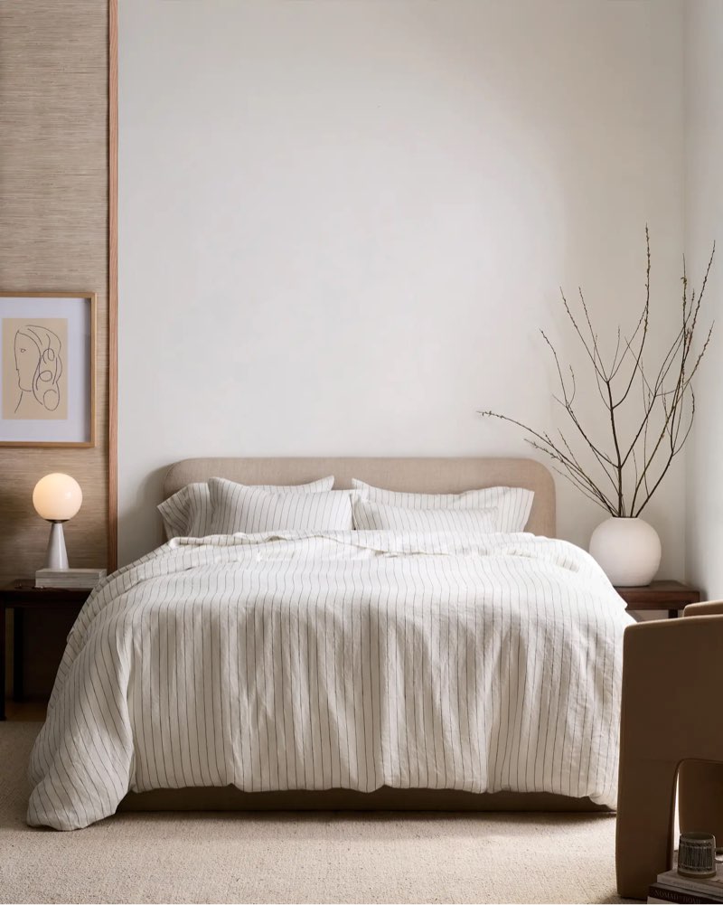 3 pc european linen stripe deluxe bedding bundle, queen, pencil stripe