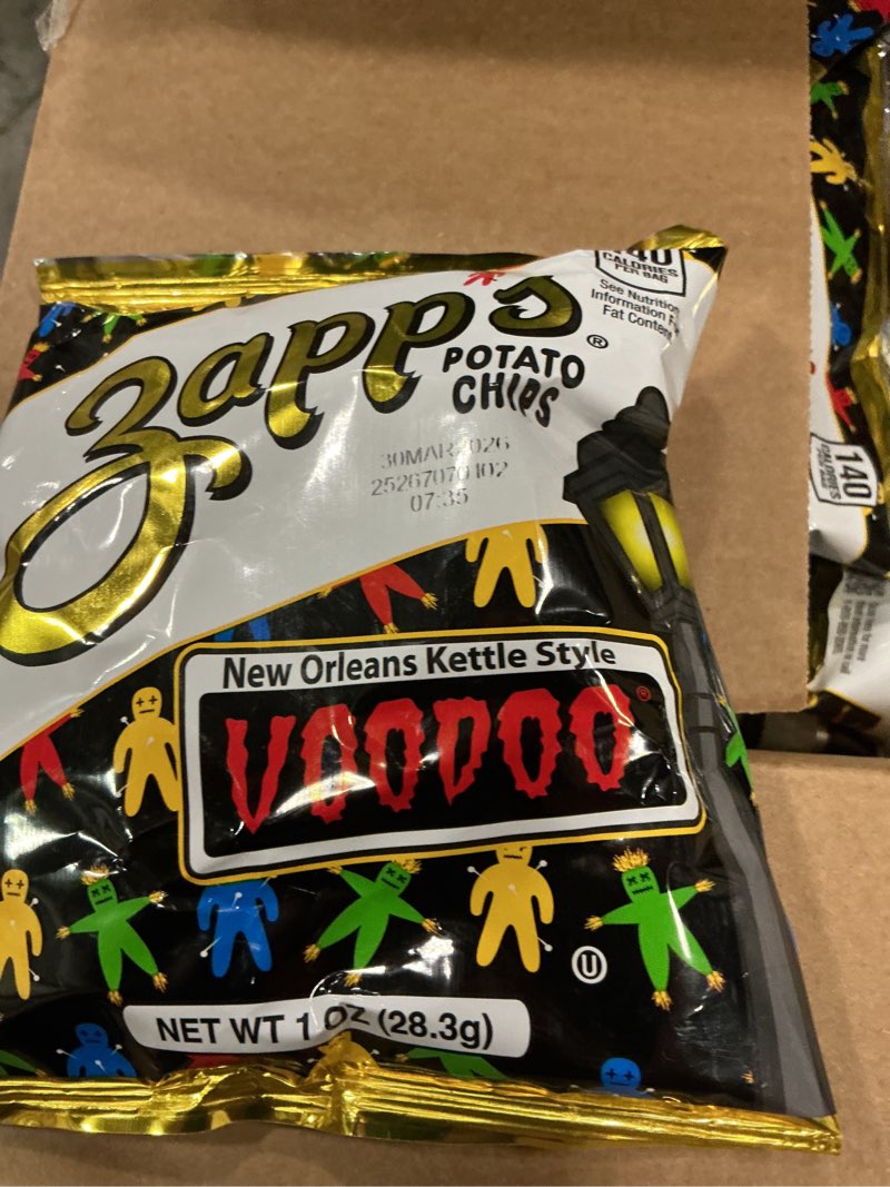 Condition photo showing New/Like New for ((b.b 30/mar/26)) zapp's new orleans voodoo potato chips, 42 count - crunchy, gluten free snack with salt, vinegar, and smoky bbq flavors voodoo 1 ounce (pack of 42)