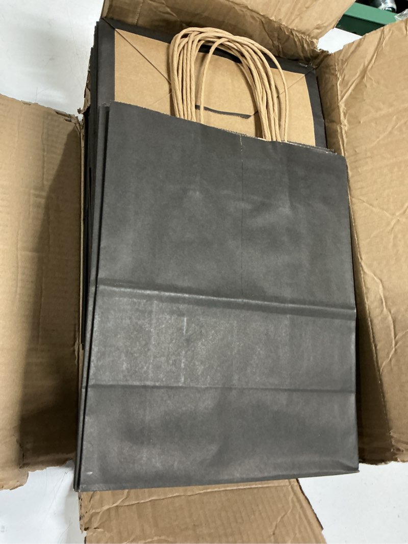 Condition photo showing Good Condition for Joybe 100 Pack 8x4.75x10 Inch Medium Black Kraft Paper Bags with Handles Bulk, Craft Paper Gift Bags for Party Favors Grocery Retail Shopping Business Goody Merchandise Take Out Blank Sacks (100pcs)
