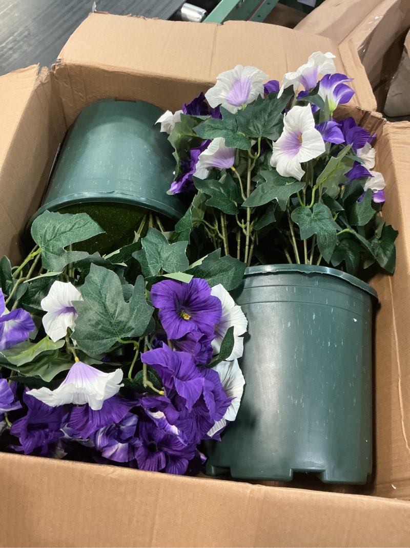 Condition photo showing Good Condition for martine mall artificial flowers for outdoors, 2 potted realistic fake outdoor flowers, uv resistant silk petunia flower for outside look real faux flower plants in pot for porch garden decor, 20'' purple white 2 pot