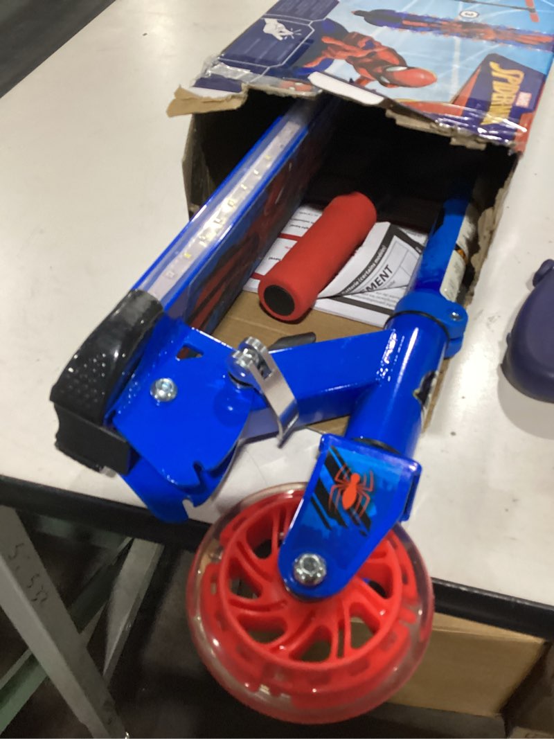 Condition photo showing Good Condition for Huffy Disney and Marvel Light Up Kids' Inline Scooters, Multiple Color Options, LED Lights, Ages 5+ Years Old, Adjustable Handlebar, Durable Steel Frame, Foldable, Girls/Boys, 2-Wheels Blue Spider-Man