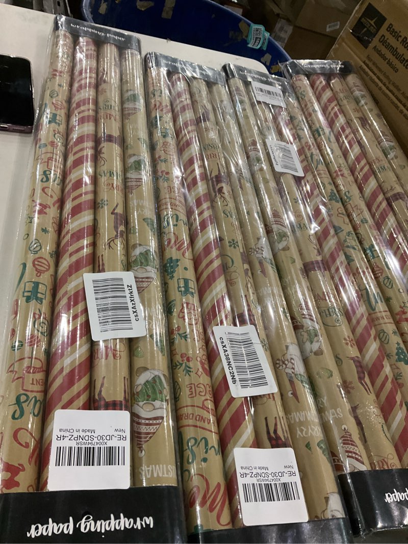 Condition photo showing New/Like New for Retrify Christmas Kraft Paper Roll, Green Red Wrapping Paper, Cute Gnomes Reindeer Gingerbread and Stripes Design - 4 Rolls - 30 Inch X 120 Inch Per Roll Red Gnomes, Reindeer