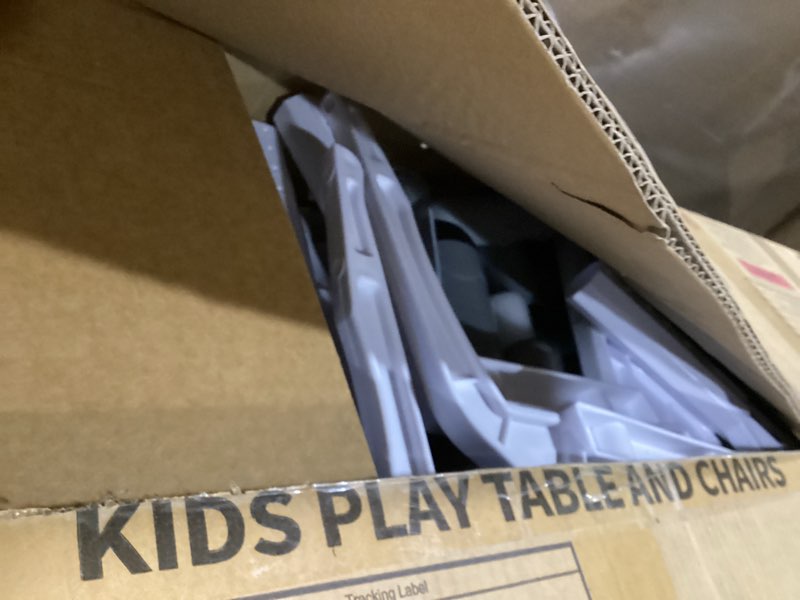 Condition photo showing As Is for Kids Table and Chair Set, Snow Grey, Upgraded Plastic, 47.2x28.0 inches, Adjustable Height, Whiteboard Style, Includes 12 Color Pens