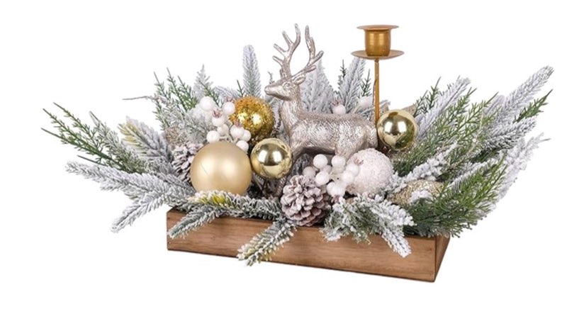 floroad christmas decor table centerpiece, faux flocked pine branch ornament deer candle holder in w