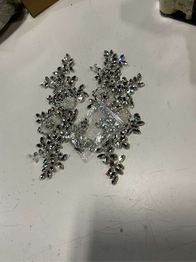 Condition photo showing Good Condition for handmade shining rhinestones lace applique patches sewing beads sequins stone trim accessories for wedding dress 1 pair/bag 11x4.3inches (silver)