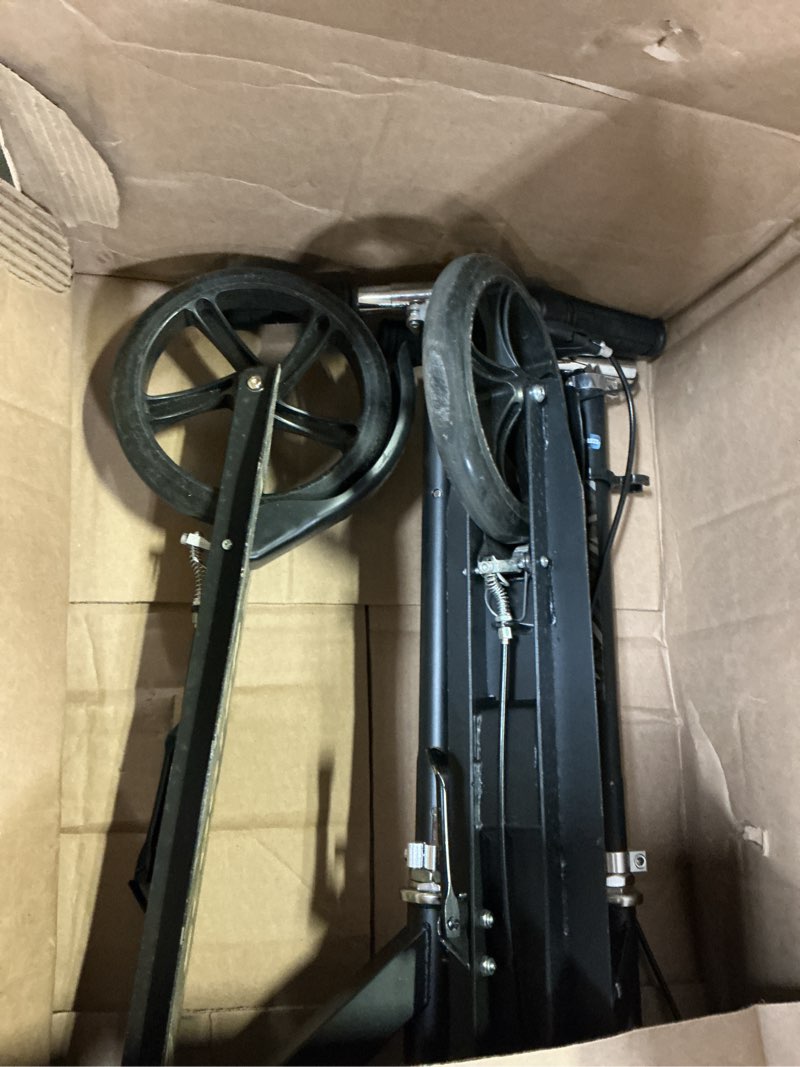Condition photo showing As Is for scooters for kids 8-12, teens & adults - lightweight, foldable, 8-inch big wheels, hand brake & bell, 4 adjustable height levels, 240 lbs max load, perfect for school, campus and park rides black