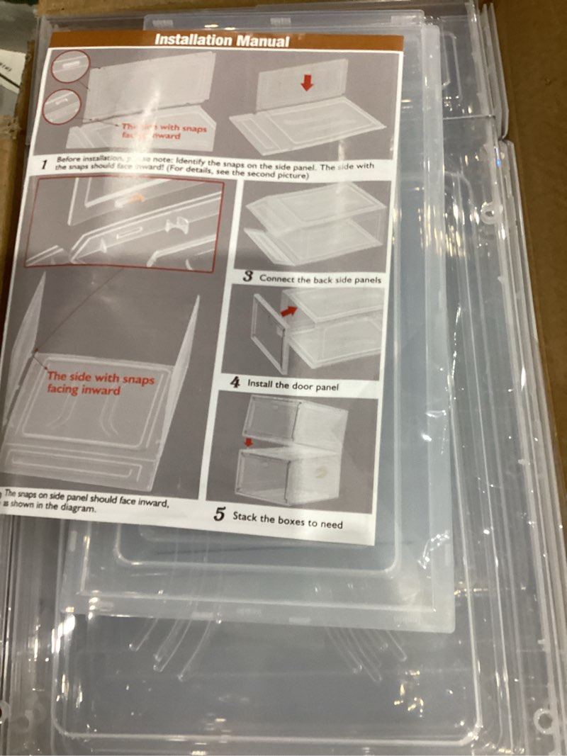 Condition photo showing Good Condition for Thickened Clear Shoe Storage Organizer with Magnetic Door, Sturdy Stackable Shoe Boxes for Closet, Collapsible Space-Saving Shoe Rack for Sneakers & Boots, Plastic Shoe Cabinet Box Set, 6 Pack, White White 6 pcs