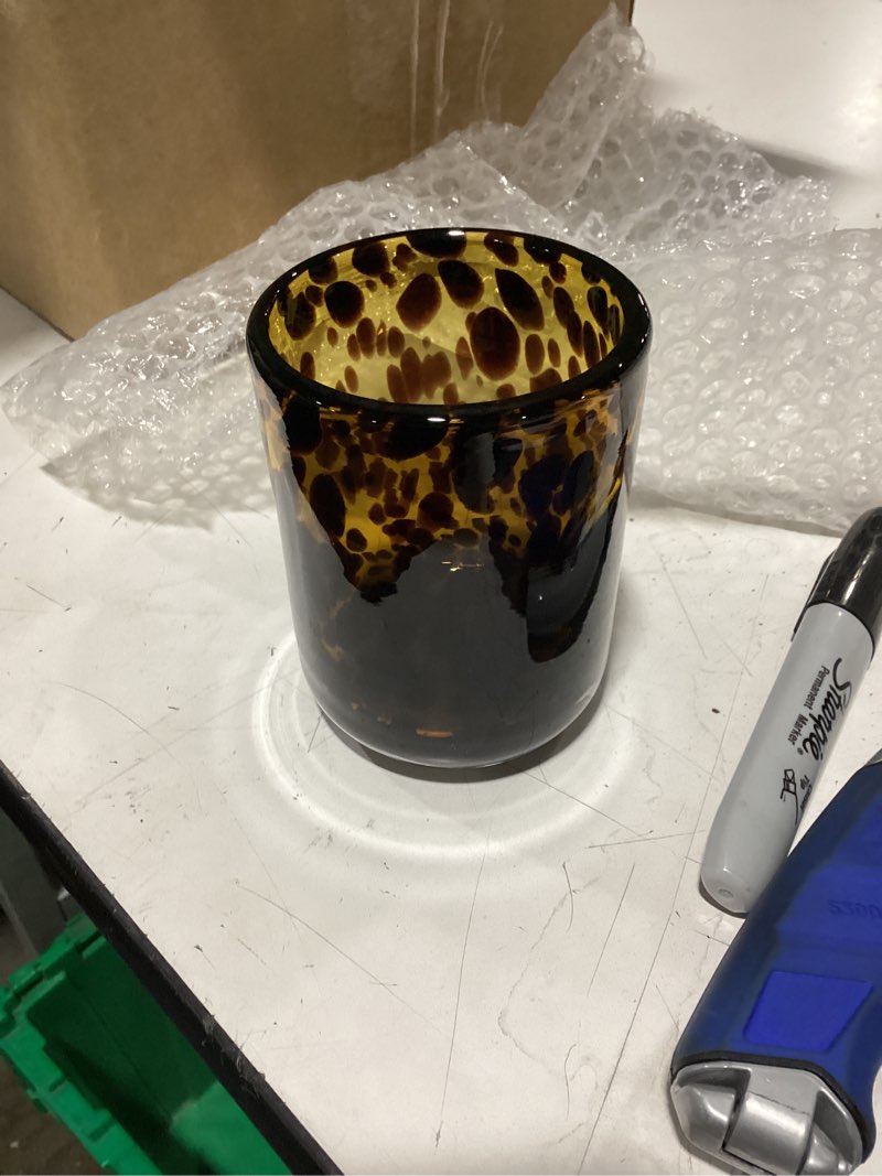 Condition photo showing New/Like New for hapton house tortoise shell glass candle holder - votive and tealight candle holder - leopard print - cheetah print - animal print - tortoiseshell - candle jar - wedding - holiday decor - small
