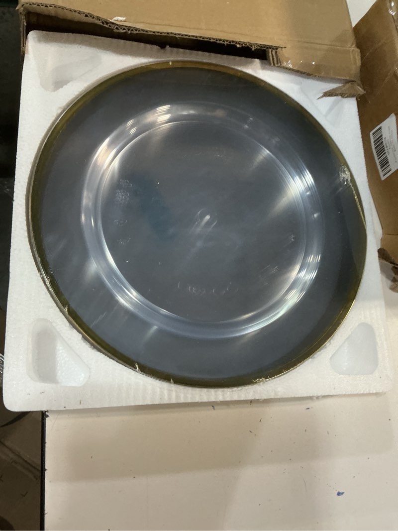 Condition photo showing New/Like New for Goodluck 25 Pack Reusable Plastic Clear Charger Plates with Gold Rim, 12-Inch, for Dinner, Wedding, Party, Event Table Decoration, Clear&Gold Gold Rim 25 Pack