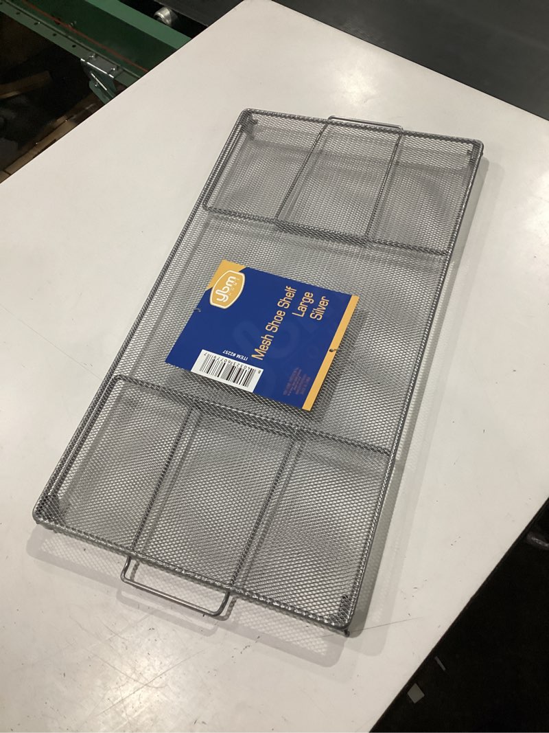 Condition photo showing New/Like New for ybm home stackable shelf storage rack for kitchen, bathroom, and office, silver mesh wire stainless steel organizer with interlocking legs, foldable design to put away (large)