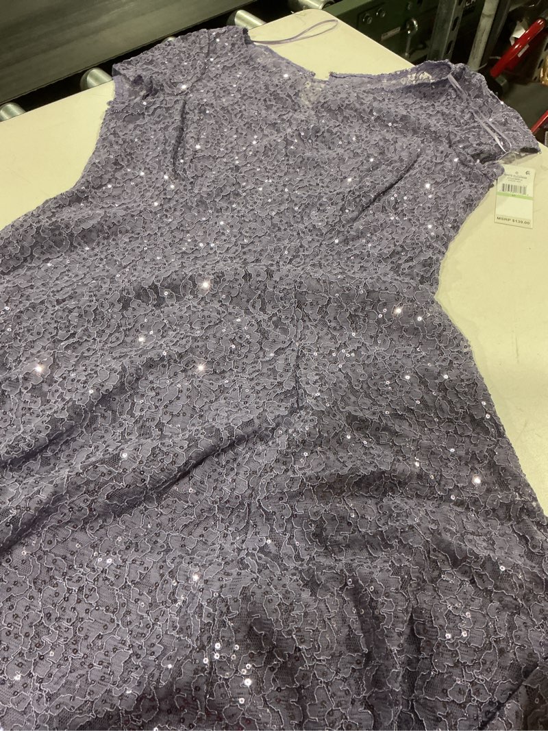 Condition photo showing Good Condition for slny sheer neckline sequin lace tea length dress sz 8 mystic heather 