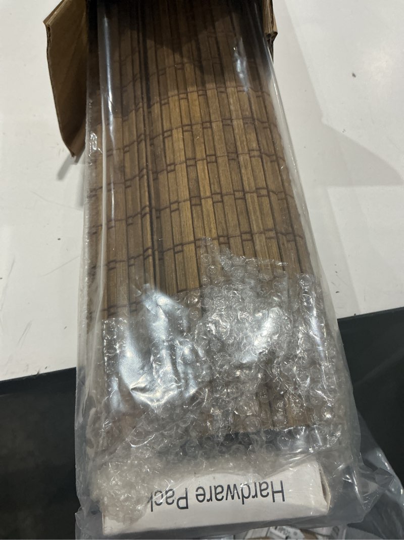 Condition photo showing Good Condition for lazblinds cordless bamboo roman shades, privacy blinds for interior windows, room darkening roll up bamboo blinds for home & patio, 28" w x 64" h, highfield teak pricacy - highfield teak 28" w x 64" h
