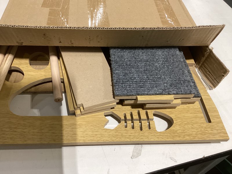 Condition photo showing As Is for foldable dog stair 2-in-1 with 3 steps, new zealand pine frame and non-slip carpet suitable for high beds, car,couch, durable wooden pet stairs for small medium and large dogs, no assembly required 3-steps pet stairs