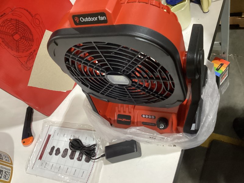 Condition photo showing As Is for battery operated fan for milwaukee m18 battery, portable fan with ac adapter & led lights, 4 speeds & hook, cordless/camping/battery powered fan, for outdoor jobsite (battery not included)