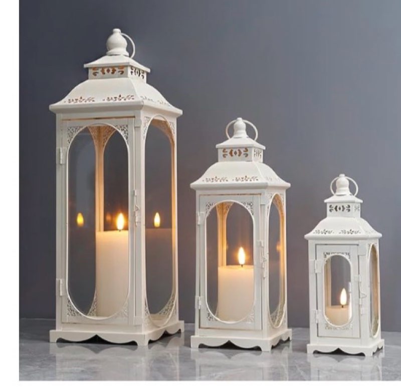 trirocks set of 3 vintage candle lanterns 10/14/19.5'' high decorative outdoor lantern metal candle holder with tempered glass for home living room garden yard parties events indoors outdoors (white)