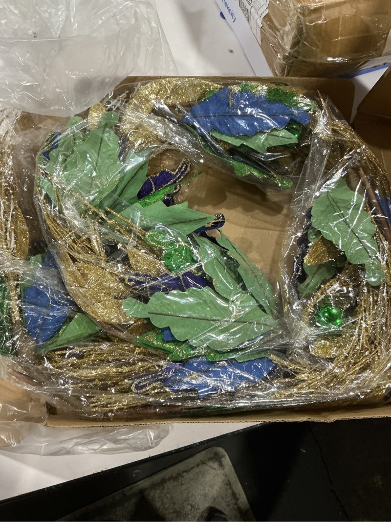 Condition photo showing Good Condition for idyllic 6ft mardi gras garland, purple gold green poinsettia decor for table mantel window porch staircase wall indoor outdoor home decor 20 inch