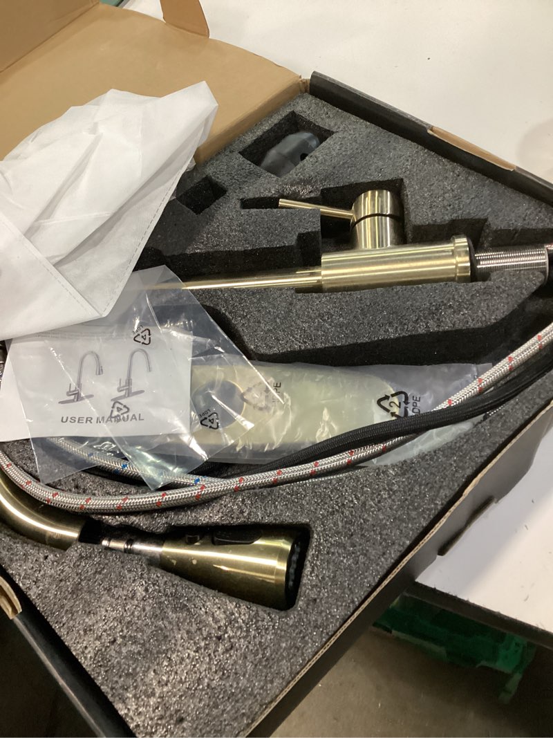Condition photo showing Good Condition for kitchen faucet with pull down sprayer - brushed gold single handle kitchen faucets, high arc stainless steel pull out kitchen sink faucet with deck for rv laundry farmhouse bar classic a: brushed gold