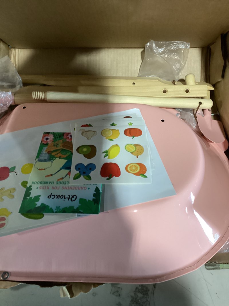 Condition photo showing Good Condition for kids wheelbarrow set with gardening tools outdoor backyard garden play for toddlers boys girls 3-8, with shovel, rake, leaf rake, easter birthday gifts (pink garden set)