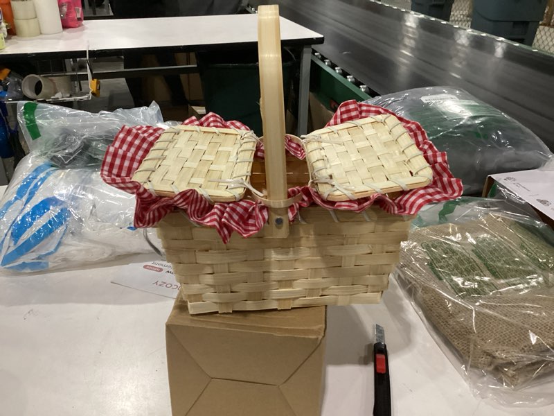 Condition photo showing Good Condition for Mini Picnic Basket, Costume Accessory, Small Gingham Picnic Hamper for Halloween Women Costume Cosplay Accessory Hooded Cape Masquerade Dress up(Red and White)