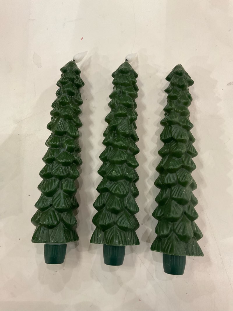 Condition photo showing As Is for Homemory 3 Pcs Christmas Tree Candles with Remote, Waxy Flameless Taper Candles Flickering, Green LED Candlesticks Battery Operated for New Year Celebration Holiday Decorations 9.7 Inches Green Tree