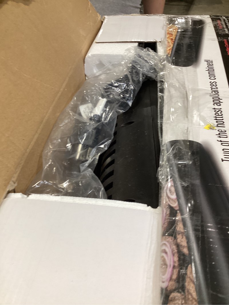 Condition photo showing New/Like New for gourmia smokeless indoor grill - air fryer combo with smoke extractor, 5 cooking presets, grill, air fry, roast, bake, dehydrate, countertop cooker, glass lid