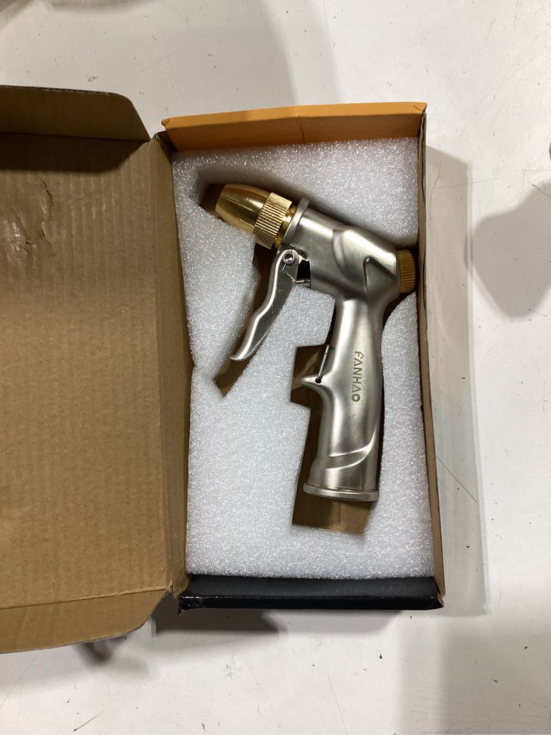 Condition photo showing Good Condition for fanhao upgraded garden hose nozzle sprayer, 100% heavy duty metal handheld water nozzle high pressure in 4 spraying modes for watering plants and lawn, car washing, patio and pet 4 spray patterns