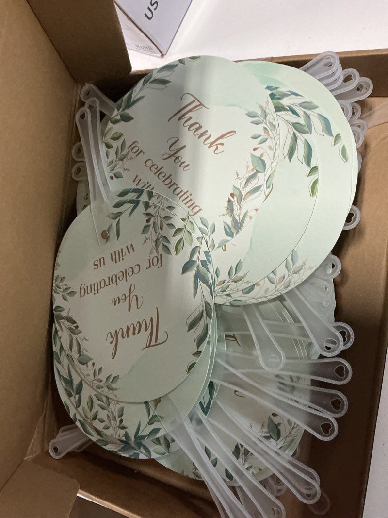 Condition photo showing Good Condition for croblissful 100 pcs wedding hand fans for guests bulk decorative plastic handheld wedding favor fans with handle thank you for celebrating with us for ceremony bridal shower party decor(leaf)