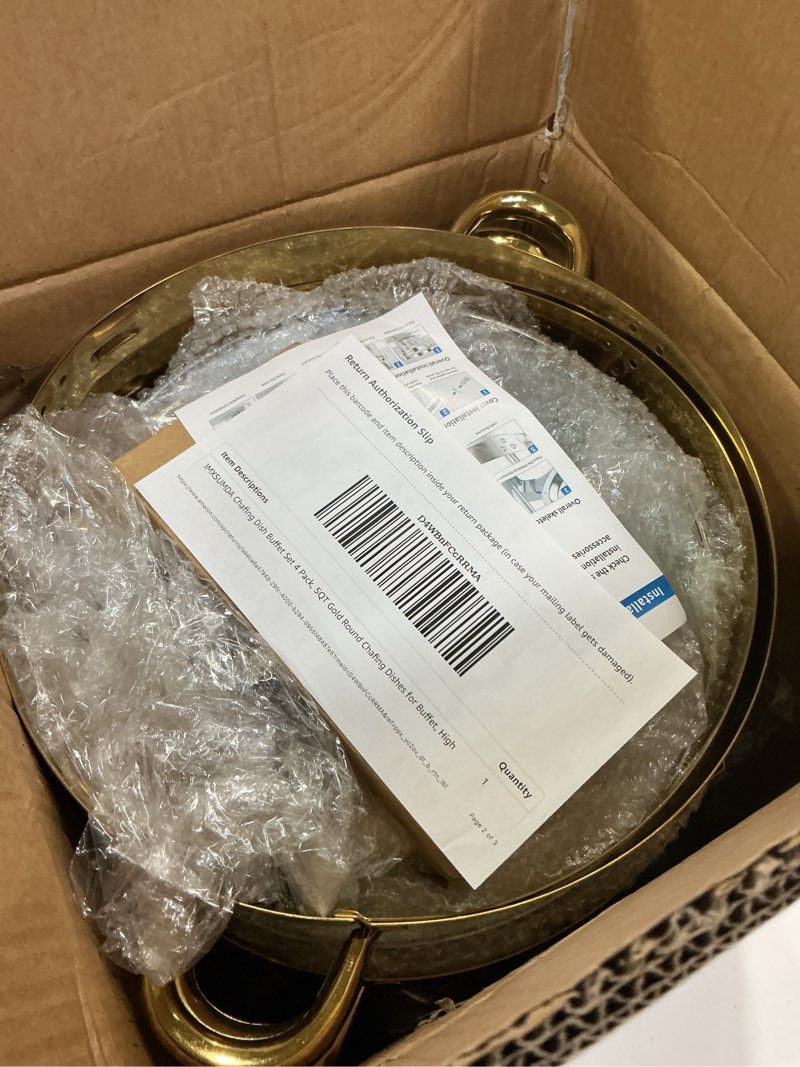 Condition photo showing Good Condition for Chafing Dish Buffet Set 4 Pack, 5QT Gold Round Chafing Dishes for Buffet, High Grade Chafers and Buffet Warmers Sets with Glass Lid, Rolled-Edge Food Warmers for Parties, Weddings, Catering Gold-Glass Lid-4 Pack-5QT